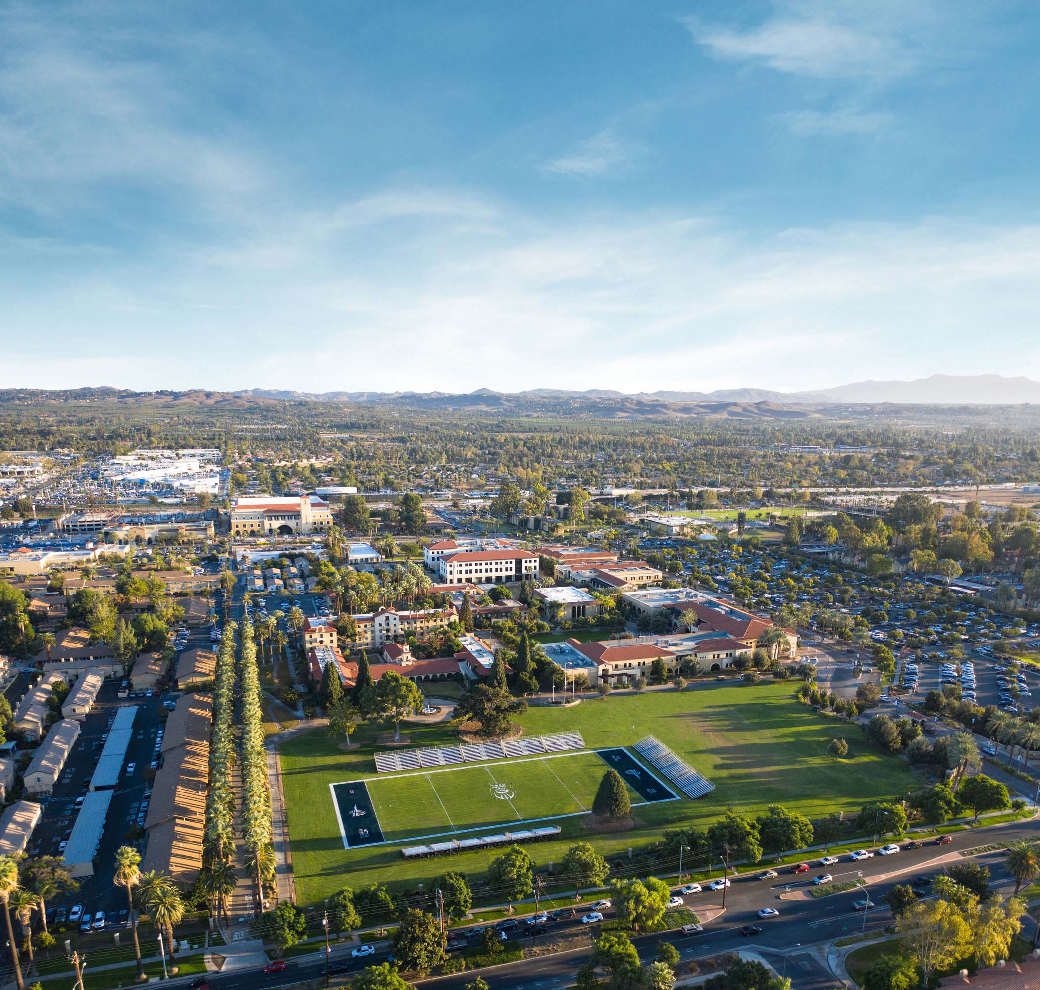 Distant aerial campus shot of California Baptist University
